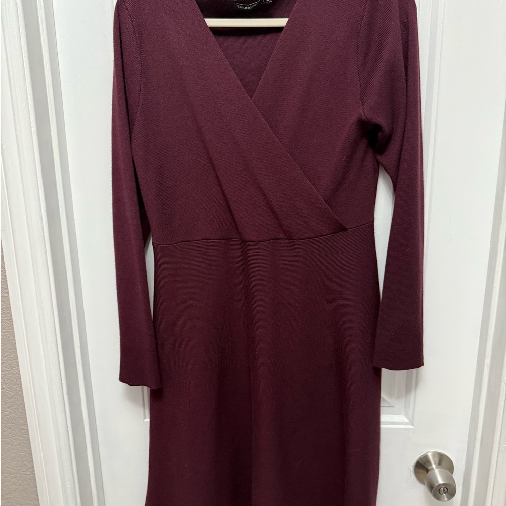Solution Long Sleeve Burgundy Sweater Faux Wrap Dress (13-9)